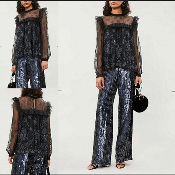 Needle & Thread Tops - Illusion Washed Black Floral Embroidered Tulle Ruffle Longsleeve Blouse Top 6 S